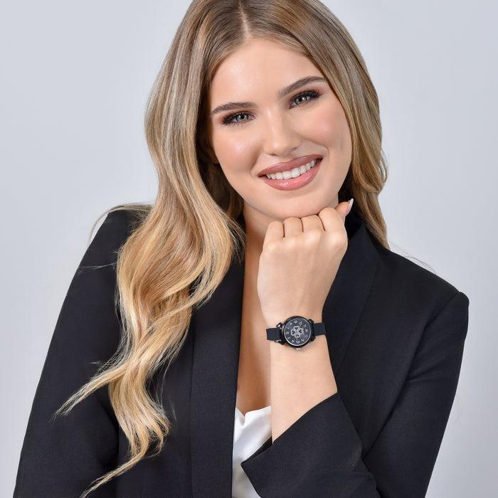 MONTRE FEMME EN SILICONE NOIR AVEC TRÈFLE À QUATRE FEUILLES