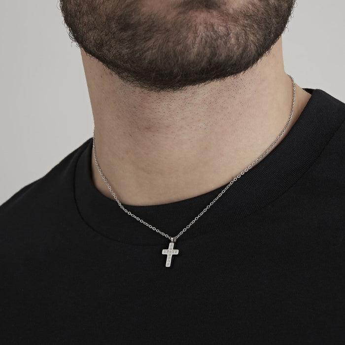 COLLIER HOMME EN ACIER AVEC CROIX ET CRISTAUX BLANCS