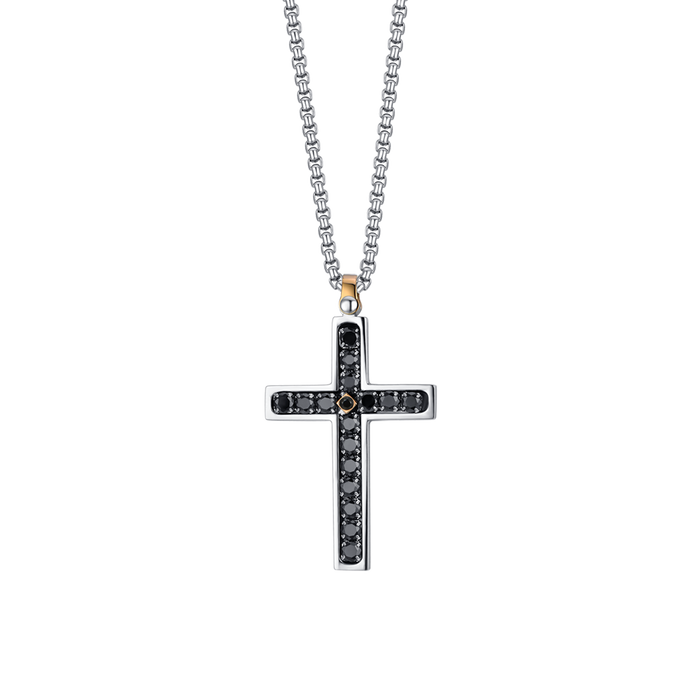 COLLIER HOMME EN ACIER CROIX AVEC CRISTAUX NOIRS
