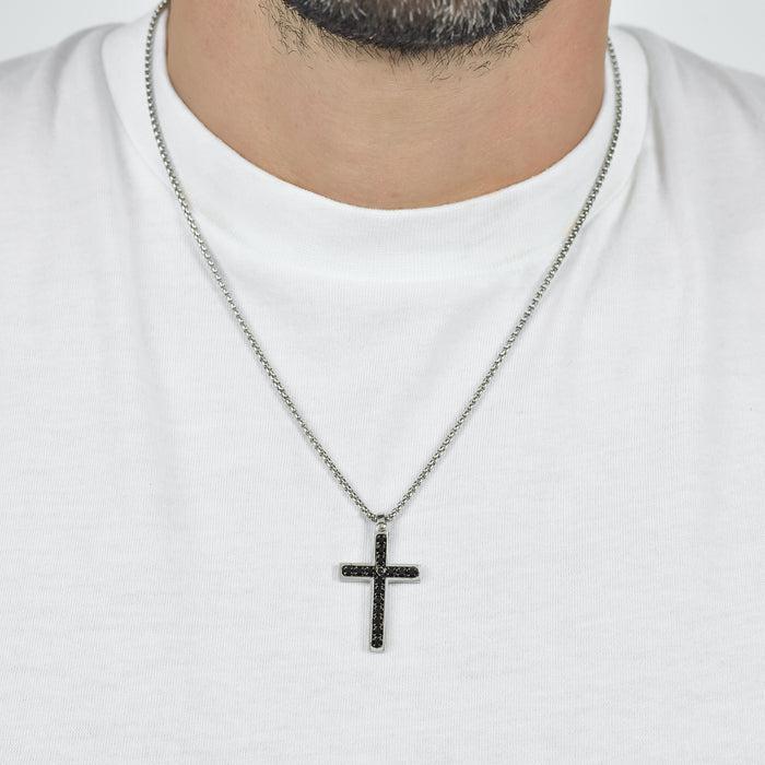 COLLIER HOMME EN ACIER CROIX AVEC CRISTAUX NOIRS
