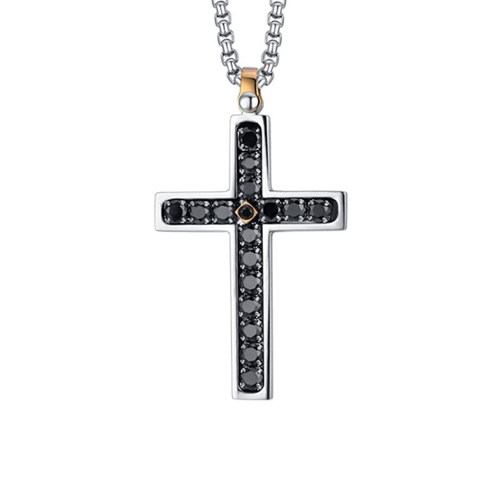COLLIER HOMME EN ACIER CROIX AVEC CRISTAUX NOIRS
