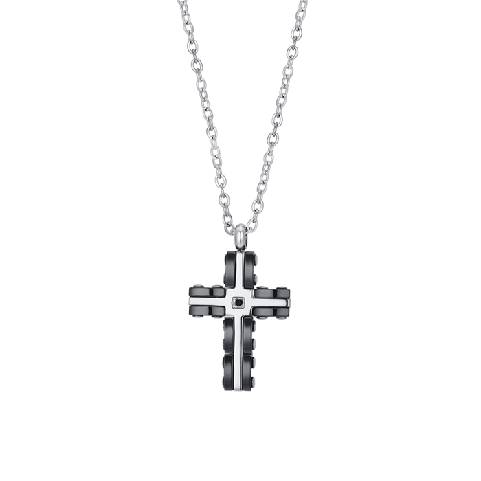 COLLIER HOMME EN ACIER CROIX EN ACIER ET CÉRAMIQUE NOIRE