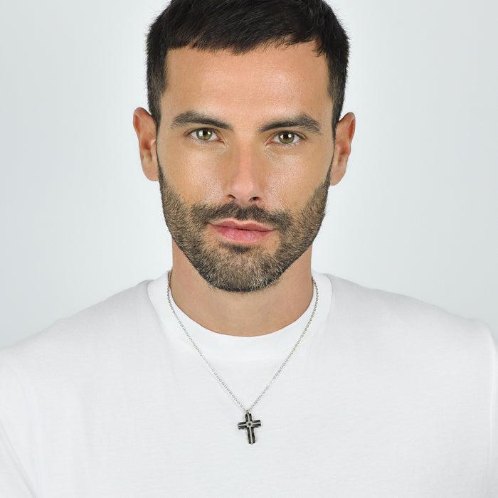 COLLIER HOMME EN ACIER CROIX EN ACIER ET CÉRAMIQUE NOIRE