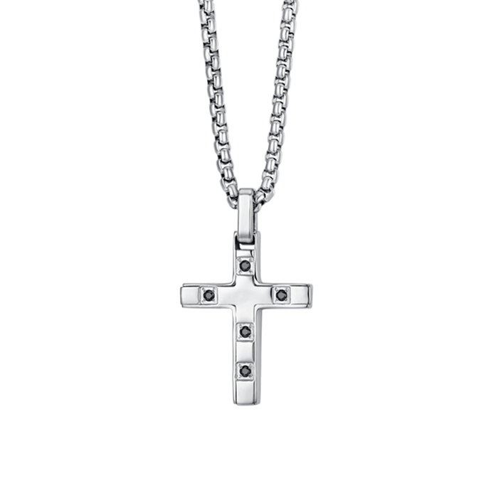 COLLANA UOMO IN ACCIAIO CROCE CON CRISTALLI NERI