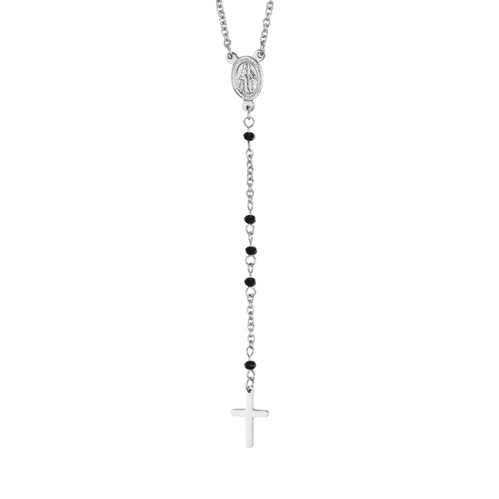 WOMEN'S ROSARY NECKLACE IN STEEL WITH BLACK CRYSTALS WITH PENDANT