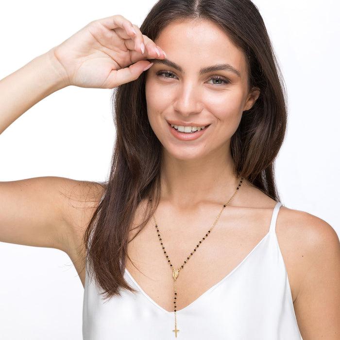 WOMEN'S ROSARY NECKLACE IN STEEL WITH BLACK CRYSTALS WITH PENDANT