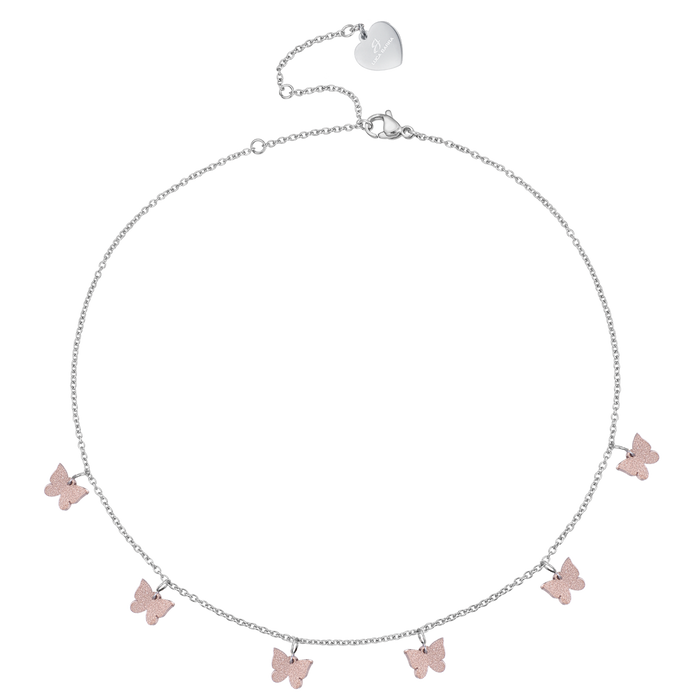 STEEL NECKLACE WITH BUTTERFLIES AND IP ROSE GLITTER