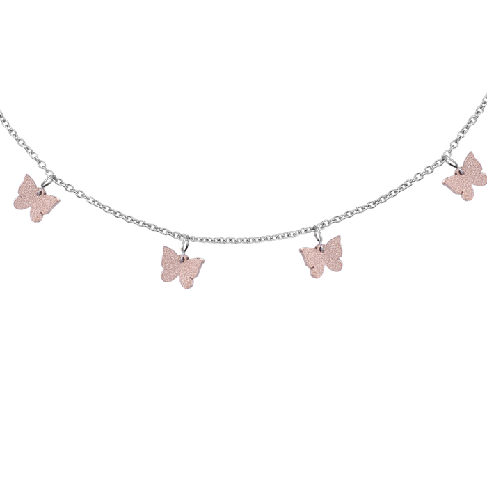 STEEL NECKLACE WITH BUTTERFLIES AND IP ROSE GLITTER