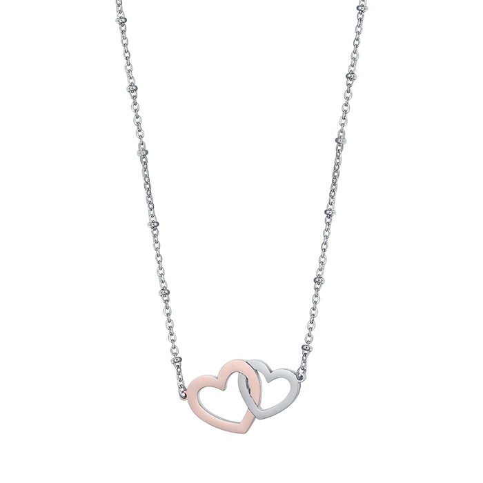 STEEL NECKLACE WITH STEEL HEARTS AND IP ROSE STEEL
