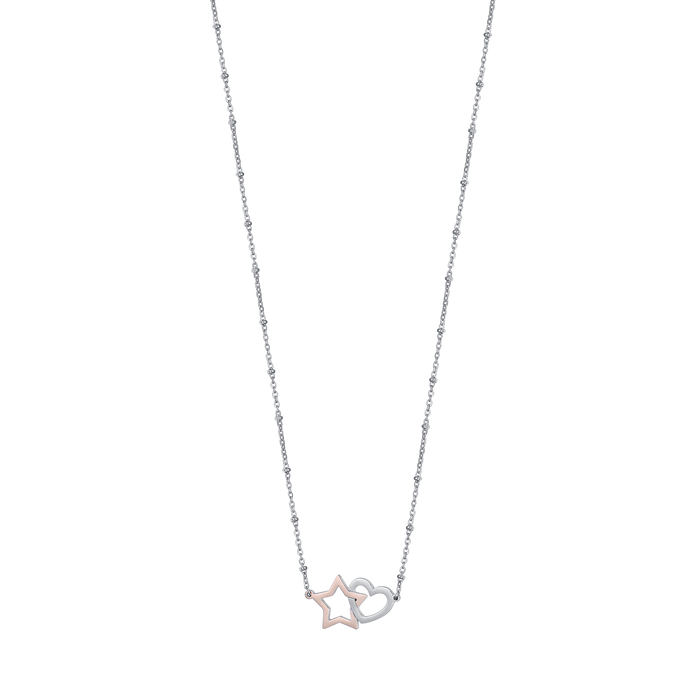 STEEL NECKLACE WITH STEEL HEART AND IP ROSE STEEL STAR
