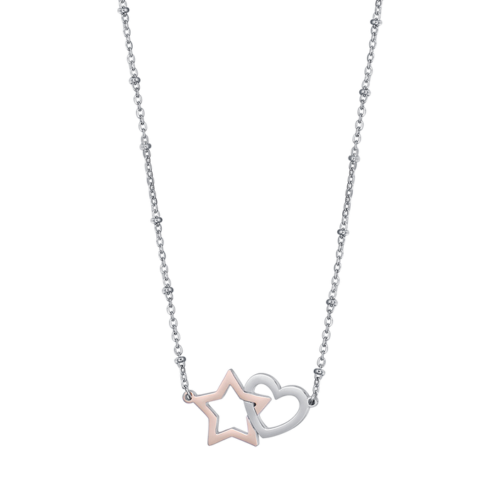 STEEL NECKLACE WITH STEEL HEART AND IP ROSE STEEL STAR