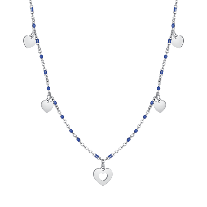 STEEL NECKLACE WITH HEARTS AND BLUE STONES