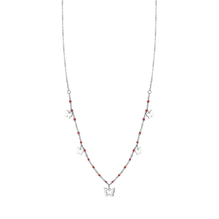 COLLANA IN ACCIAIO CON FARFALLE E PIETRE ROSSE