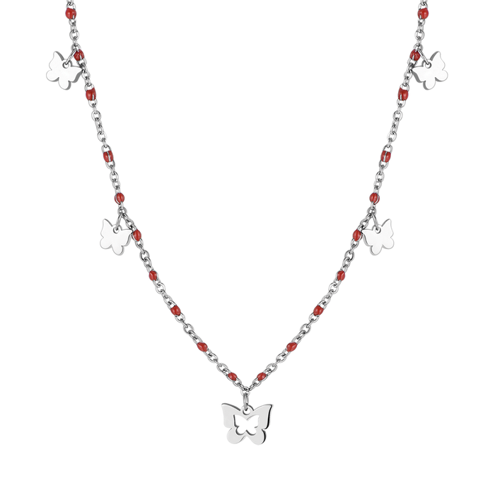 COLLANA IN ACCIAIO CON FARFALLE E PIETRE ROSSE