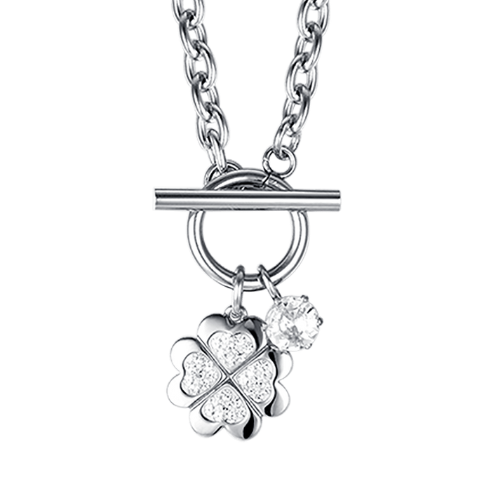 COLLANA DONNA IN ACCIAIO CON QUADRIFOGLIO CON CRISTALLI BIANCHI