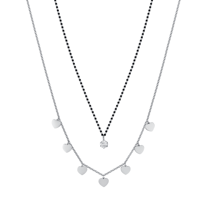 WOMEN'S STEEL NECKLACE WITH HEARTS, BLACK IP ELEMENTS AND WHITE CRYSTAL