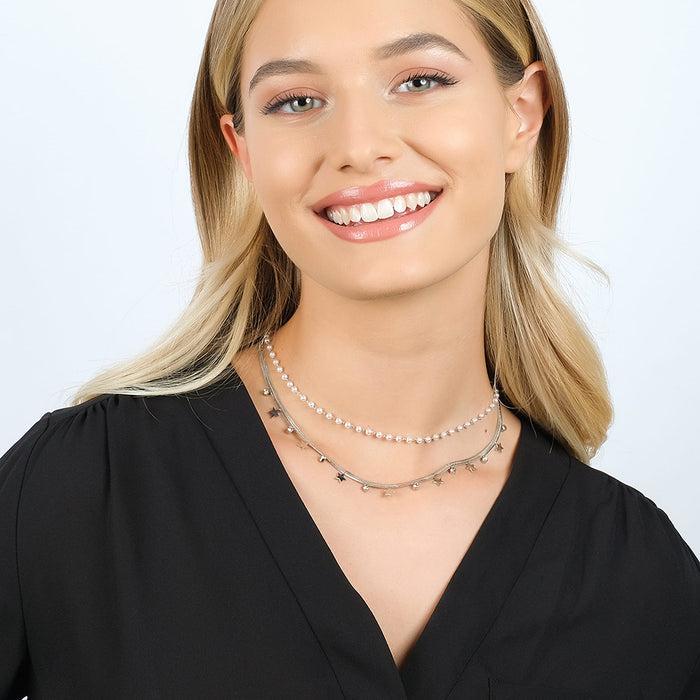 COLLANA DONNA IN ACCIAIO CON PERLE BIANCHE, STELLE E CRISTALLI