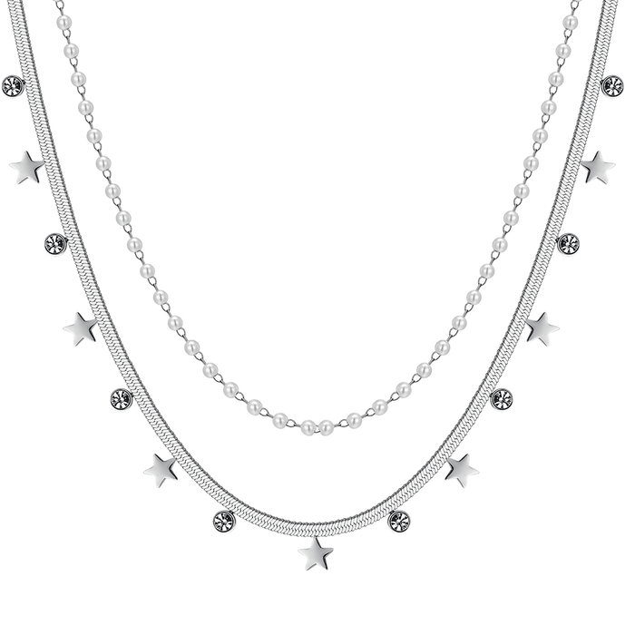 COLLANA DONNA IN ACCIAIO CON PERLE BIANCHE, STELLE E CRISTALLI