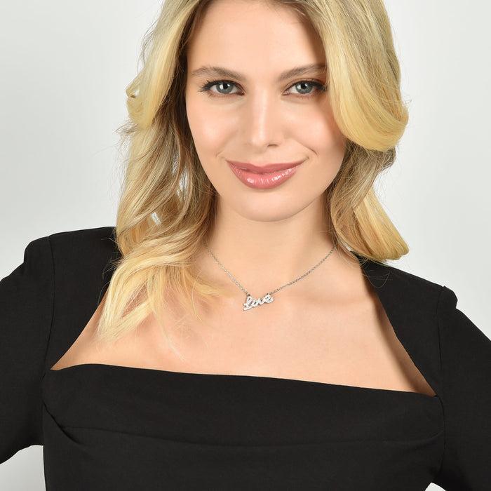 COLLIER EN ACIER POUR FEMME AVEC ÉCRITURE D'AMOUR ET CRISTAUX BLANCS
