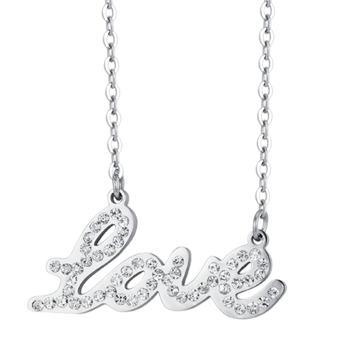 COLLIER EN ACIER POUR FEMME AVEC ÉCRITURE D'AMOUR ET CRISTAUX BLANCS