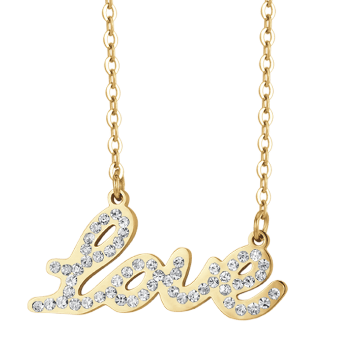 COLLIER FEMME EN ACIER DORÉ IP AVEC ÉCRITURE LOVE ET CRISTAUX BLANCS
