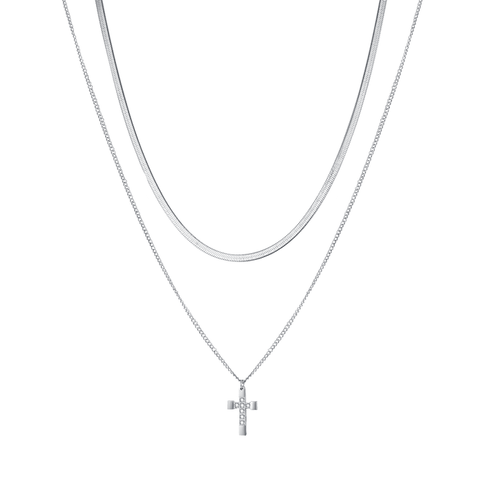 WOMEN'S STEEL NECKLACE WITH CROSS WITH WHITE CRYSTALS