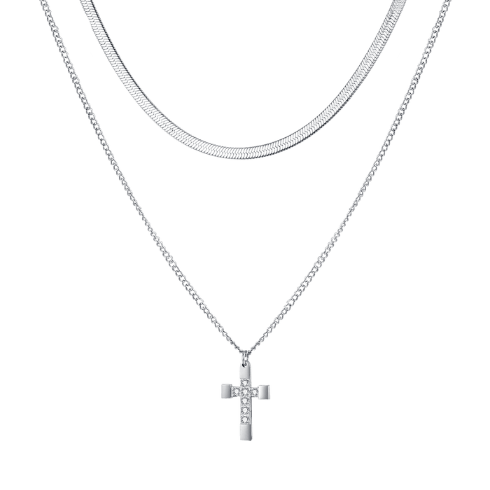 WOMEN'S STEEL NECKLACE WITH CROSS WITH WHITE CRYSTALS