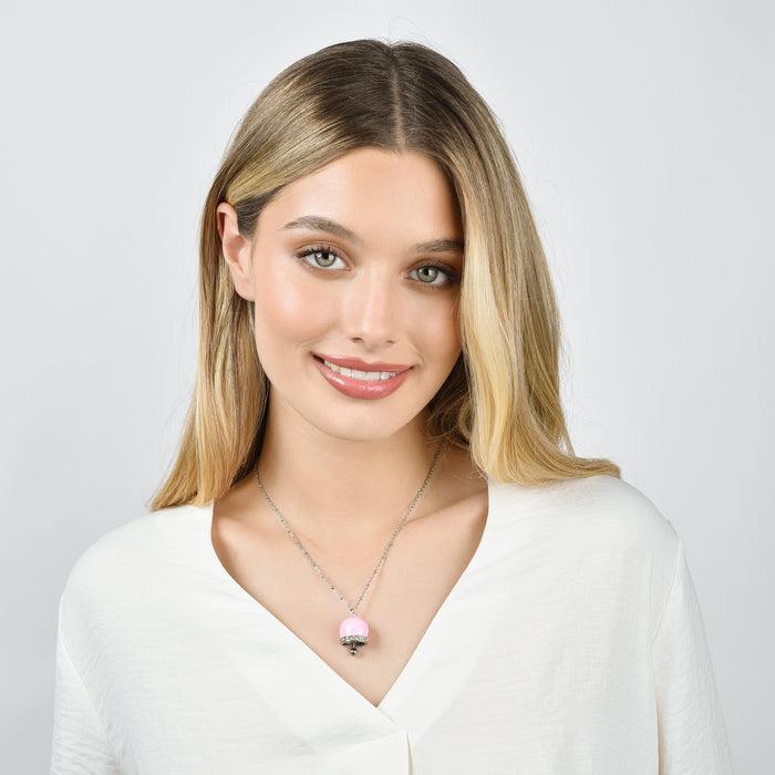 COLLANA DONNA IN ACCIAIO CON CAMPANELLA CON SMALTO ROSA E CRISTALLI BIANCHI