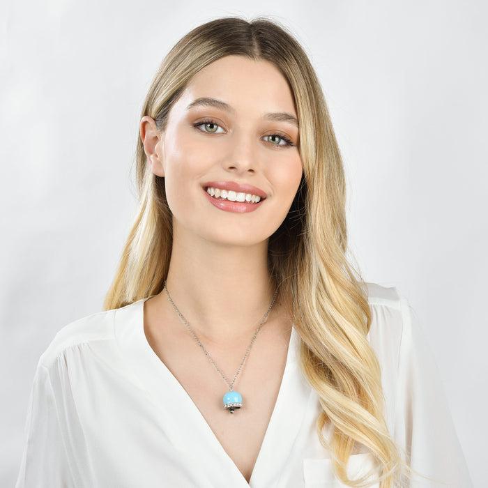 COLLANA DONNA IN ACCIAIO CON CAMPANELLA CON SMALTO TURCHESE E CRISTALLI BIANCHI