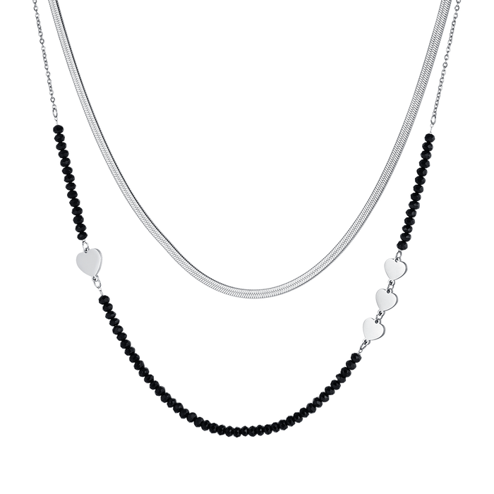 COLLIER FEMME MULTI-STRETS EN ACIER AVEC CRISTAUX NOIRS ET COEURS
