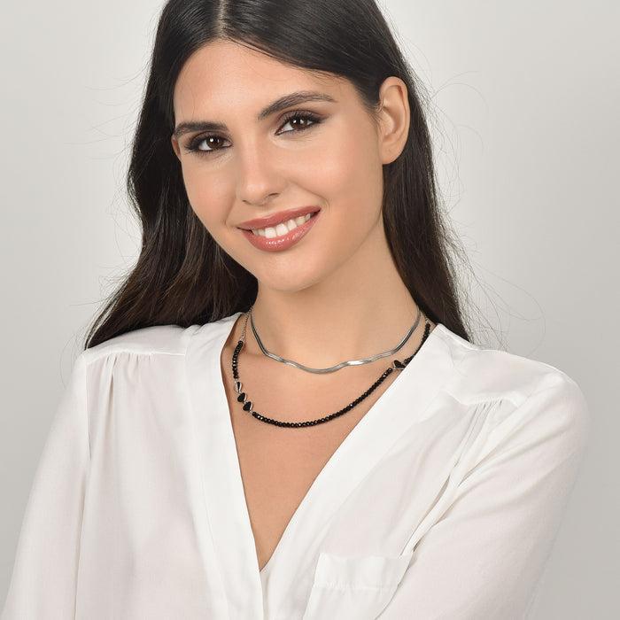 COLLIER FEMME MULTI-STRETS EN ACIER AVEC CRISTAUX NOIRS ET COEURS
