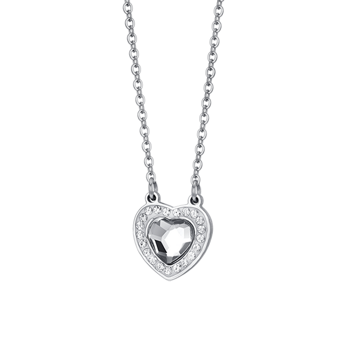 COLLANA DONNA IN ACCIAIO CUORE CRISTALLO BIANCO E CRISTALLI BIANCHI