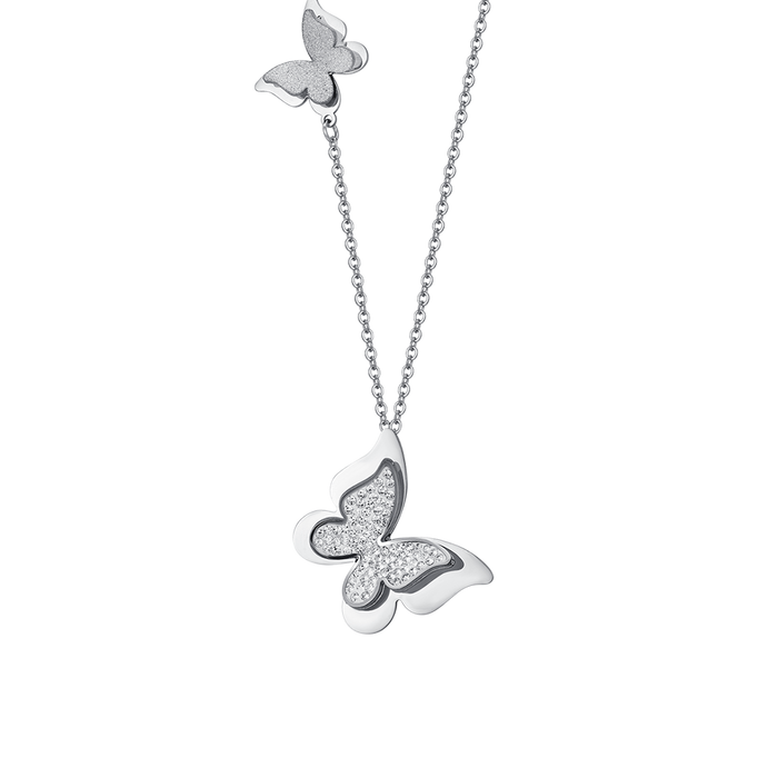 WOMEN'S STEEL NECKLACE WITH WHITE CRYSTALS BUTTERFLIES