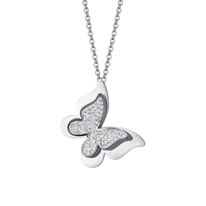 WOMEN'S STEEL NECKLACE WITH WHITE CRYSTALS BUTTERFLIES