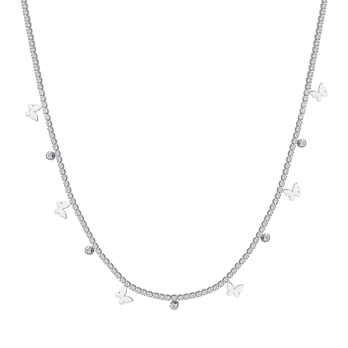 WOMEN'S TENNIS NECKLACE IN STEEL WITH WHITE CRYSTALS AND BUTTERFLIES