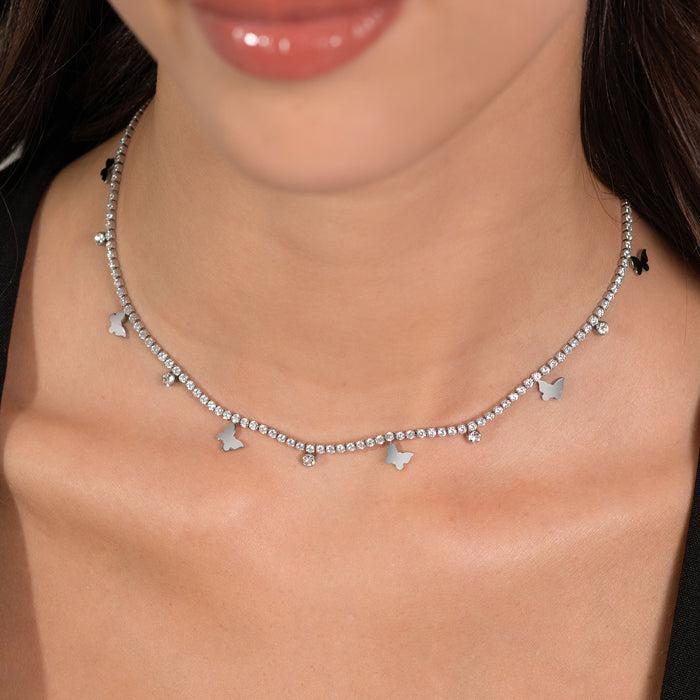 WOMEN'S TENNIS NECKLACE IN STEEL WITH WHITE CRYSTALS AND BUTTERFLIES