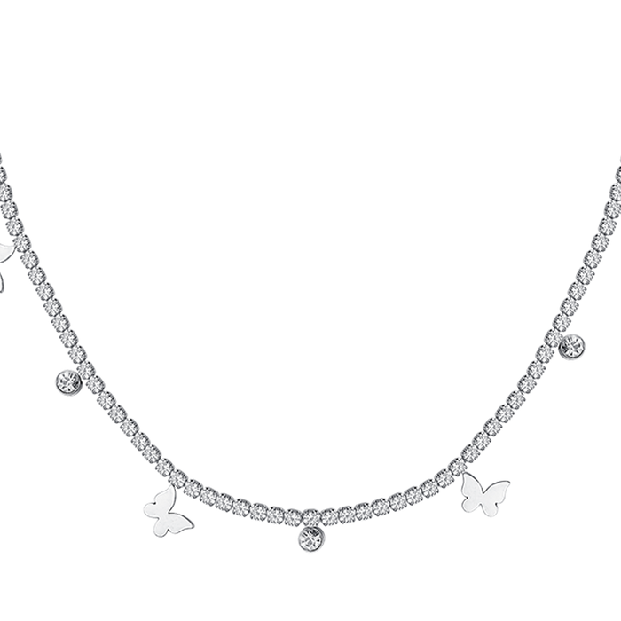 WOMEN'S TENNIS NECKLACE IN STEEL WITH WHITE CRYSTALS AND BUTTERFLIES
