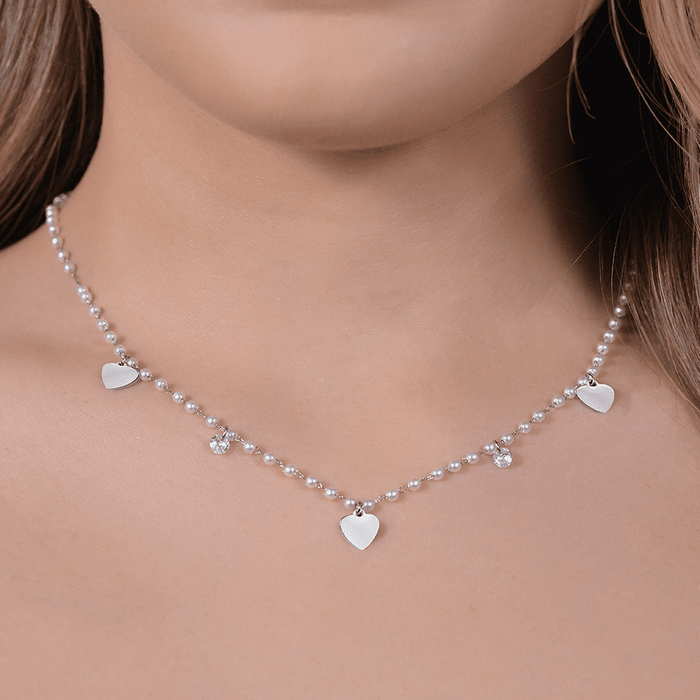 WOMEN'S NECKLACE IN STEEL WITH PEARLS AND HEARTS