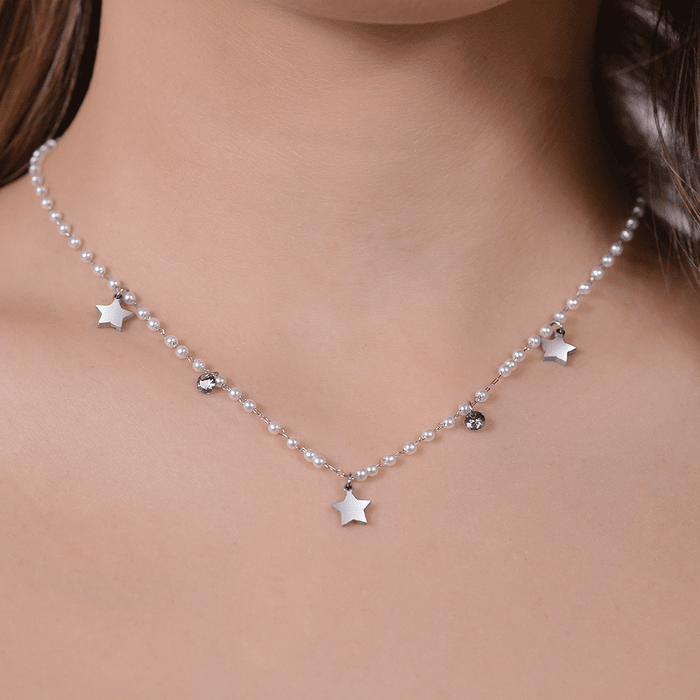 WOMEN'S NECKLACE IN STEEL WITH PEARLS AND STARS