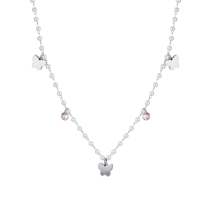 WOMEN'S STEEL NECKLACE WITH PEARLS AND BUTTERFLIES