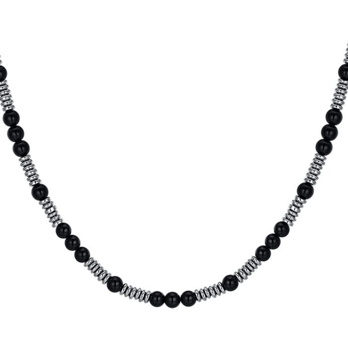 COLLANA UOMO IN ACCIAIO CON PIETRE NERE ED ELEMENTI IN ACCIAIO