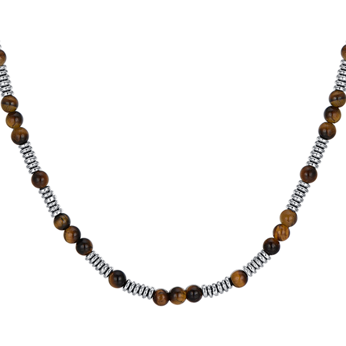 COLLANA UOMO IN ACCIAIO CON PIETRE OCCHIO DI TIGRE ED ELEMENTI IN ACCIAIO