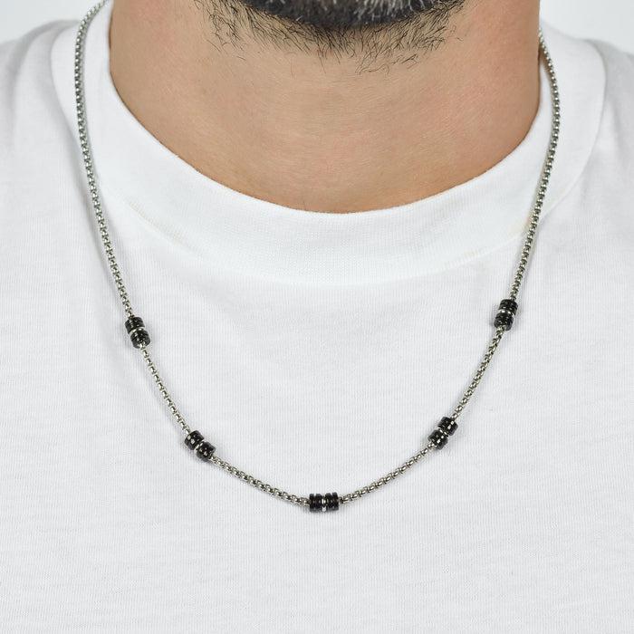 MEN'S NECKLACE IN STEEL WITH BLACK IP AND SILVER ELEMENTS