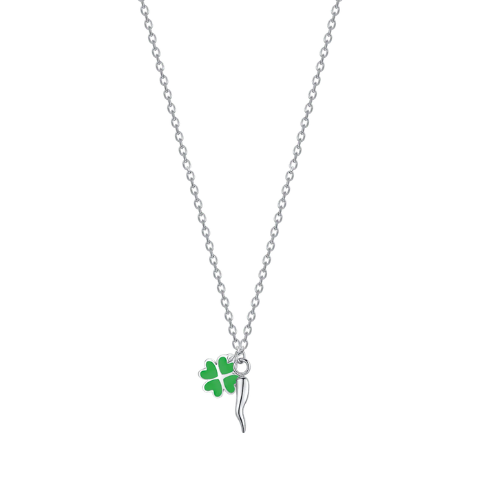 COLLANA BAMBINA IN ACCIAIO CON CORNO E QUADRIFOGLIO VERDE