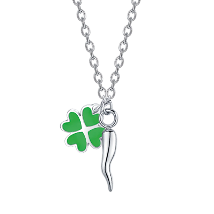 COLLANA BAMBINA IN ACCIAIO CON CORNO E QUADRIFOGLIO VERDE
