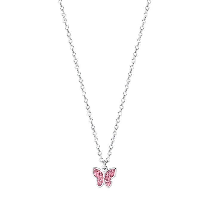 GIRL'S STEEL NECKLACE WITH BUTTERFLY AND PINK CRYSTALS