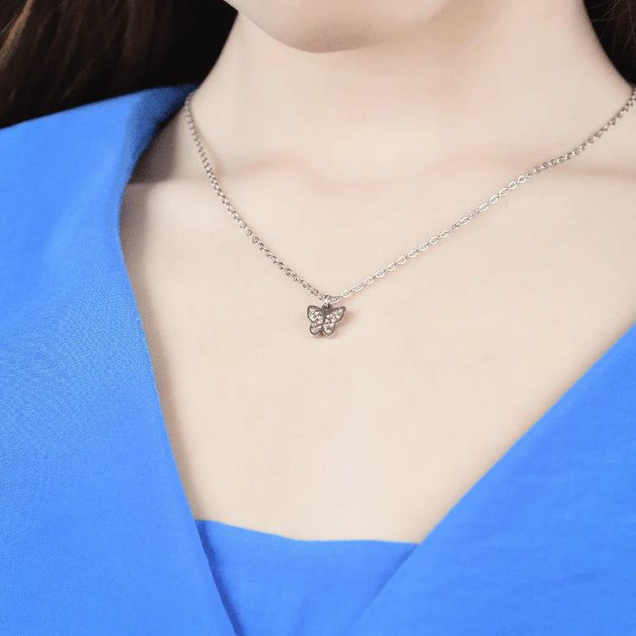 GIRL'S STEEL NECKLACE WITH BUTTERFLY AND PINK CRYSTALS