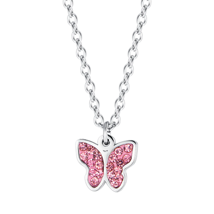 GIRL'S STEEL NECKLACE WITH BUTTERFLY AND PINK CRYSTALS