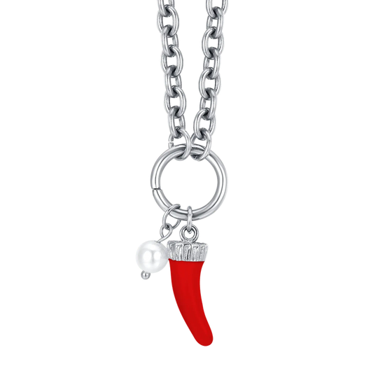 COLLANA DONNA IN ACCIAIO CON CORNO CON SMALTO ROSSO E PERLA BIANCA