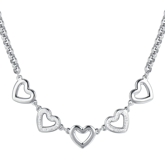 WOMEN'S STEEL NECKLACE WITH OPENWORK HEARTS AND WHITE CRYSTALS